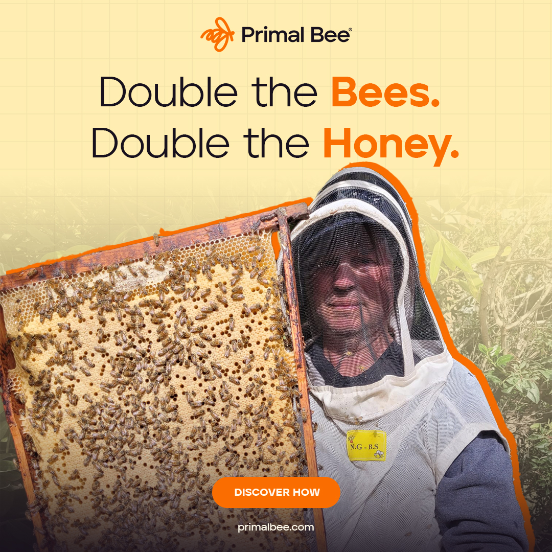 Beekeeper in a veil holding a frame of bees, under the headline Double the bees, double the honey.